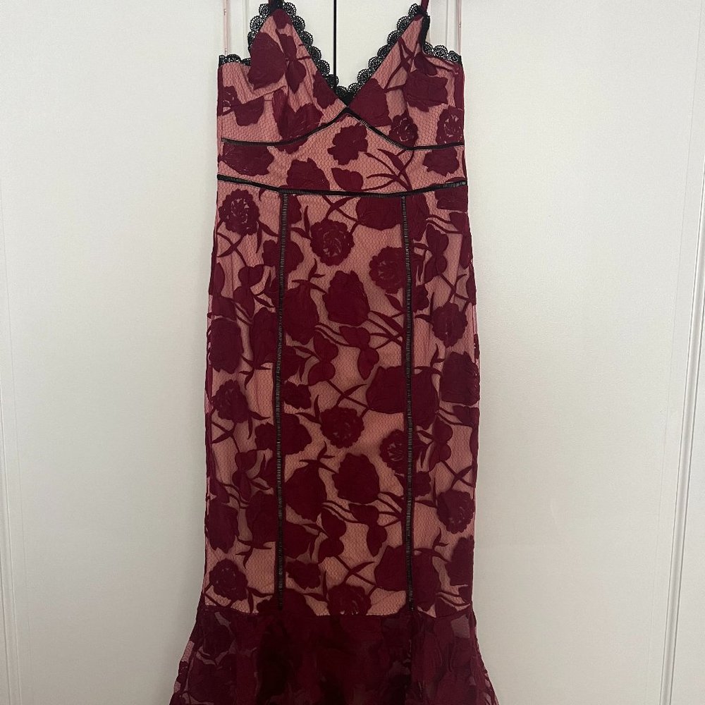 Lulu's Alluring Dream Burgundy Floral Mesh Lace Trumpet Midi Dress